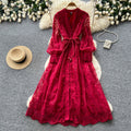 French court style v-neck lace embroidered dress - women's summer long sleeve, slimming a-line maxi dress, elegant and chic