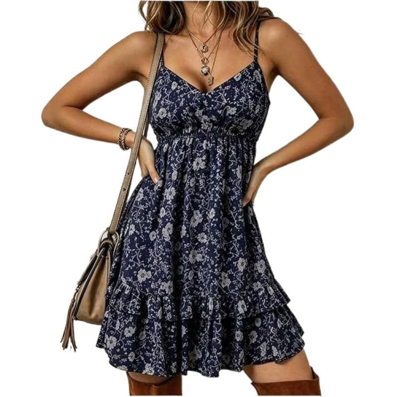 hot & spicy style  summer floral v-neck high-end spaghetti strap design short dress for women