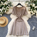 Fashionable women's dress  summer high-end u-neck short sleeve slimming shiny striped a-line knit dress