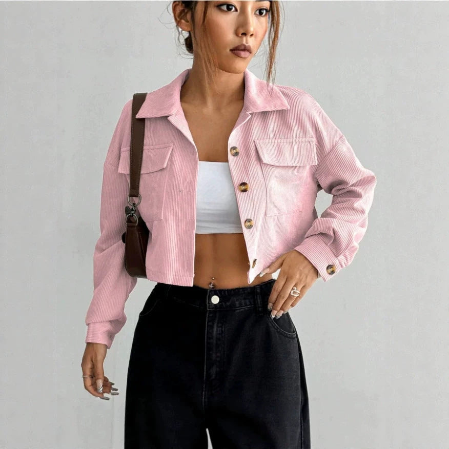 women's long-sleeve solid color cropped jacket - trendy cropped fashion collar casual short coat - european and american style