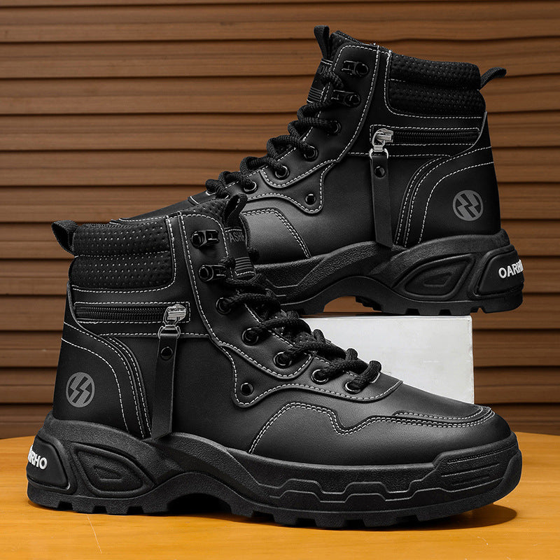 High-top men's shoes springcasualhiking sports non-slipworkwear shoes leather waterproofthick solewhiteboots