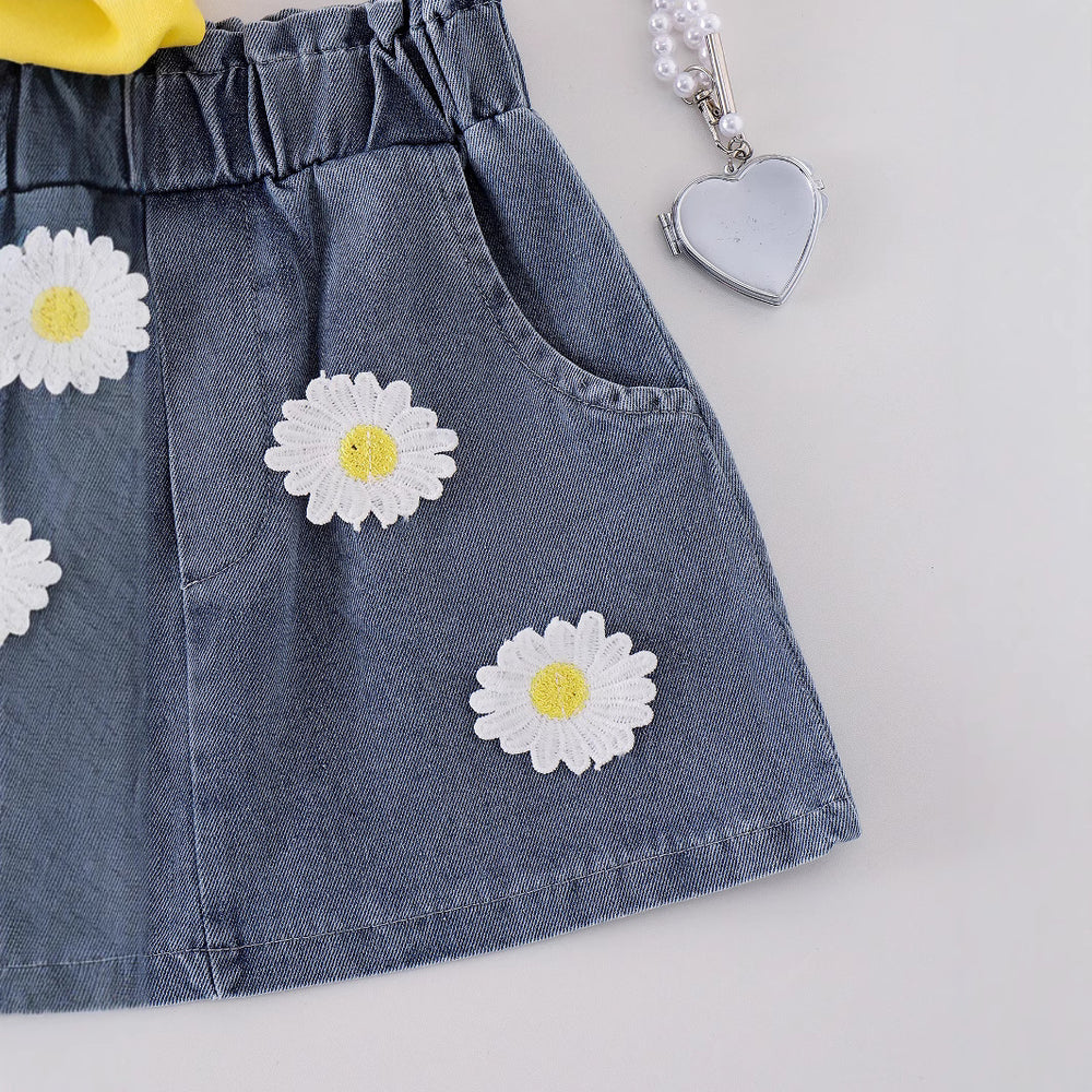 Ebay cross-border fashion girls' summer sleeveless yellow tank top + floral denim mini skirt ruffle set