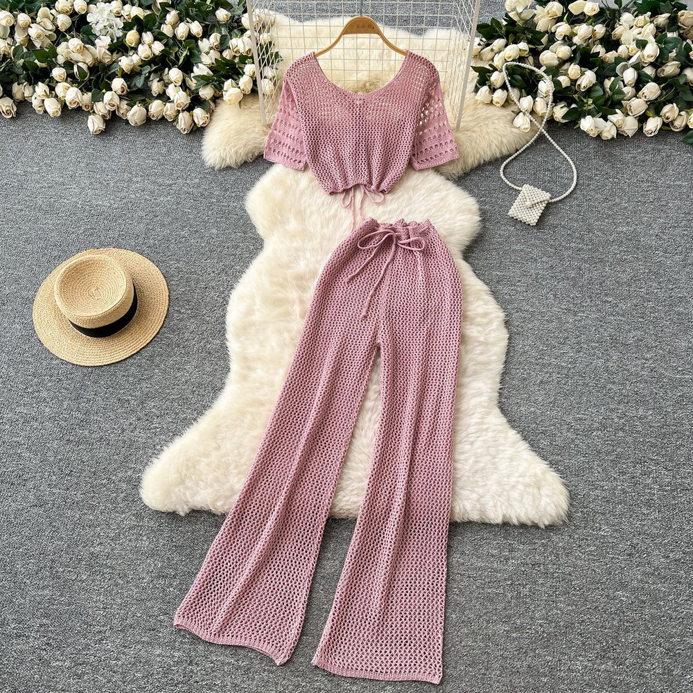 Korean style sweet & chic two-piece set: cutout & tie-strap knit top with high-waisted wide-leg pants