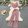 Korean style sweet & chic two-piece set: cutout & tie-strap knit top with high-waisted wide-leg pants