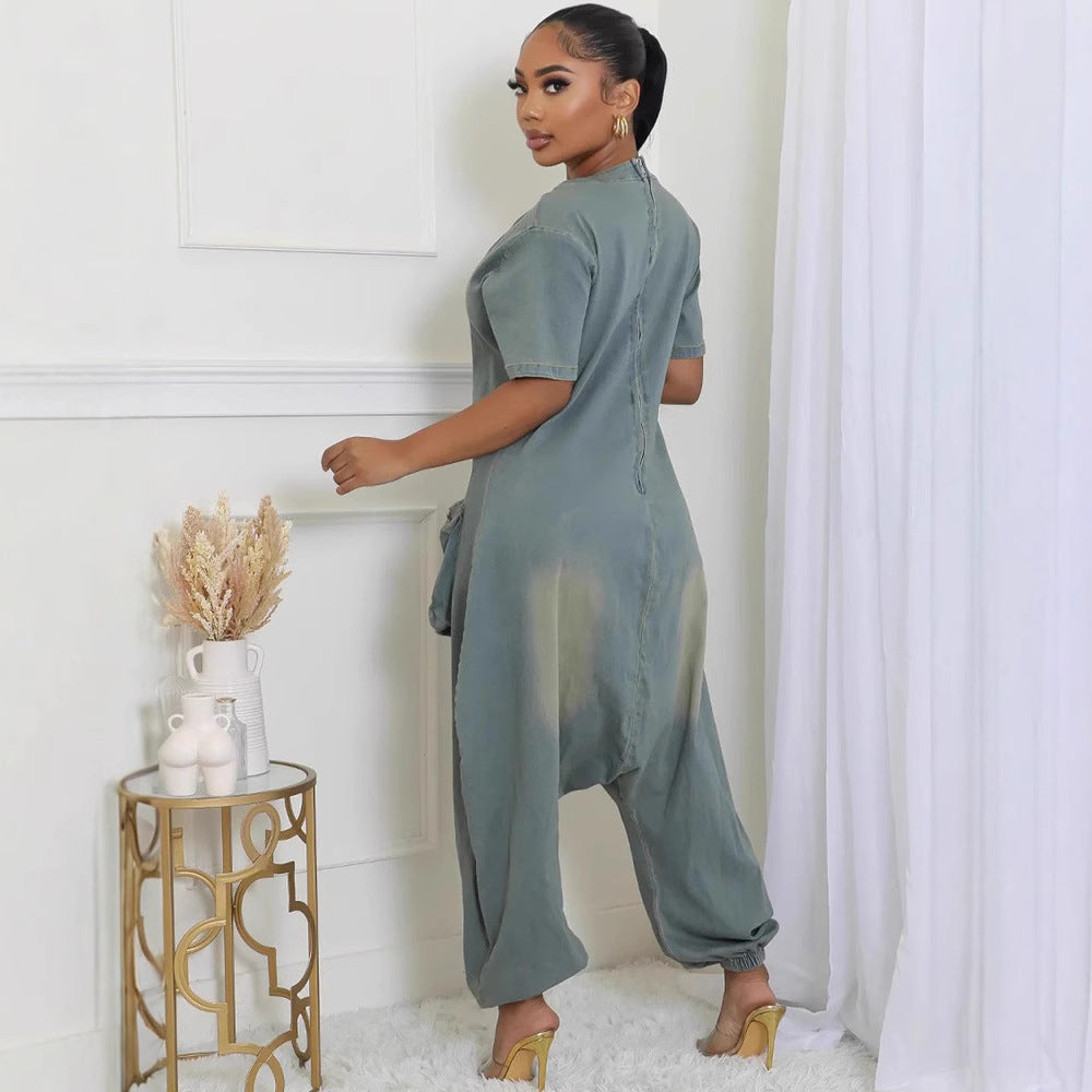European and american style loose-fit jumpsuit -  cross-border women's fashion - unique, oversized pocket, washed denim romper