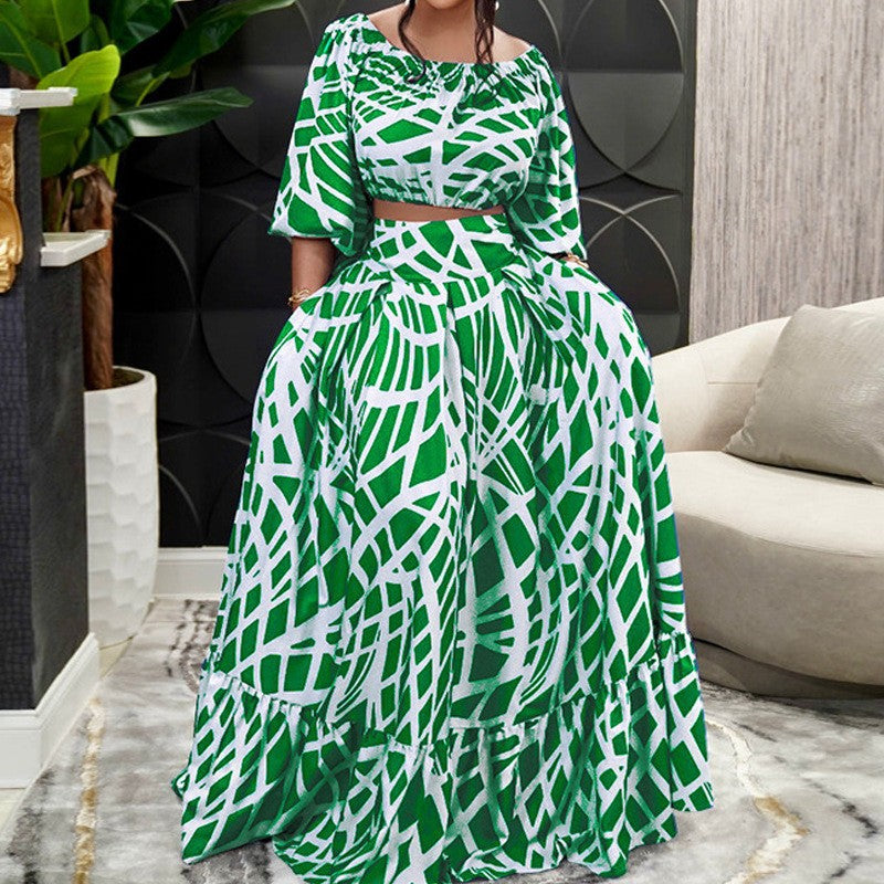 2025 spring amazon plus size women's elegant printed midi skirt fashion set