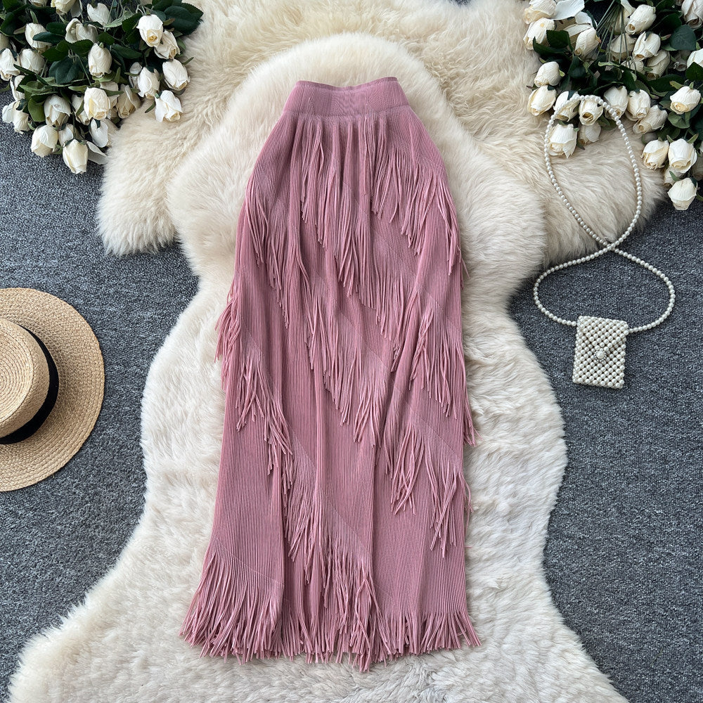 Korean style tassel trim a-line midi skirt - women's 2026 summer high-waisted commute chic tassel skirt