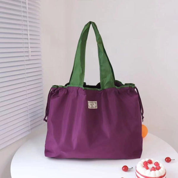 Solid color folding shopping bag, waterproof storage bag, portable supermarket grocery bag, large capacity drawstring, environmentally friendly handbag.