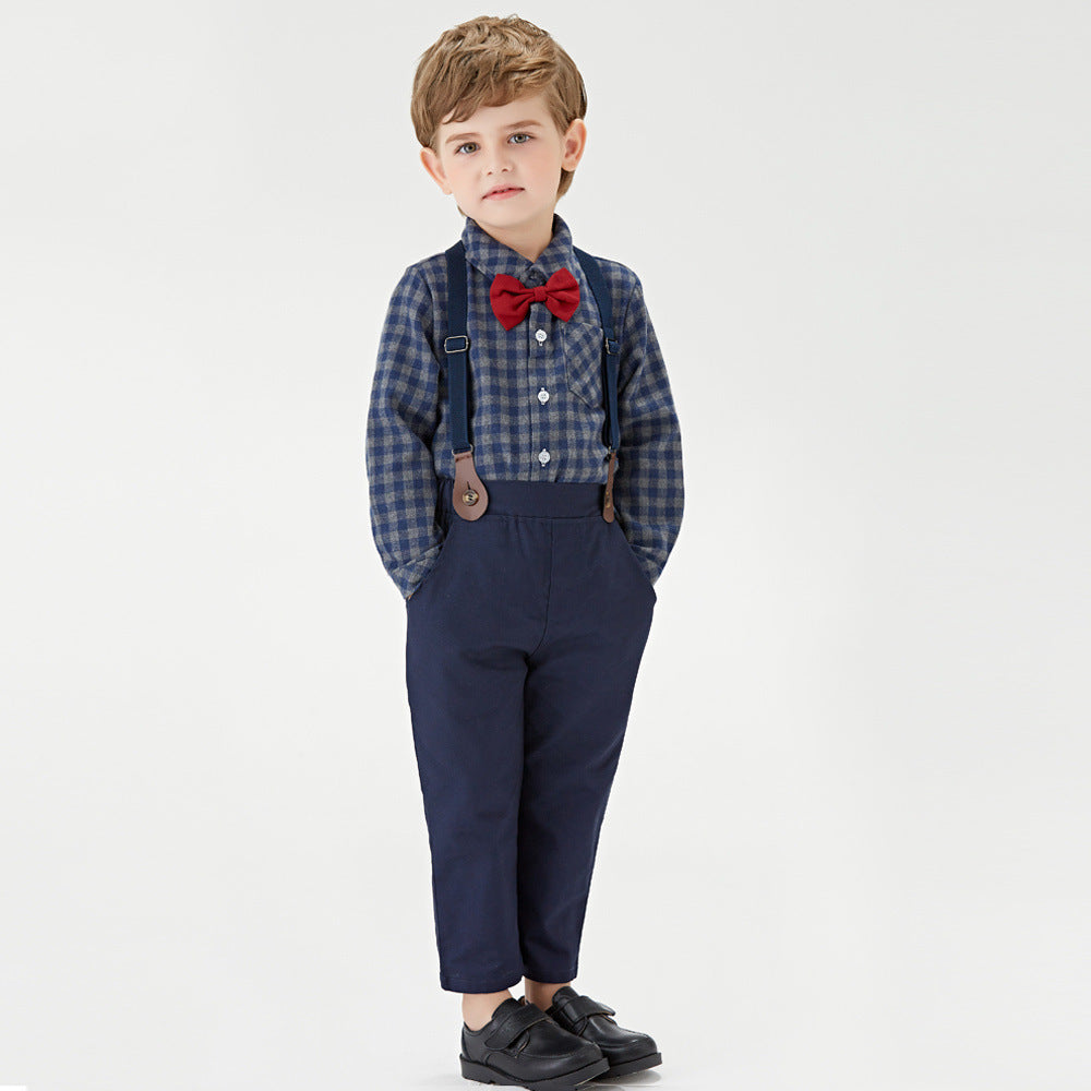 Factory direct export british style children's clothing set: long-sleeved plaid shirt and overalls - new spring collection for boys