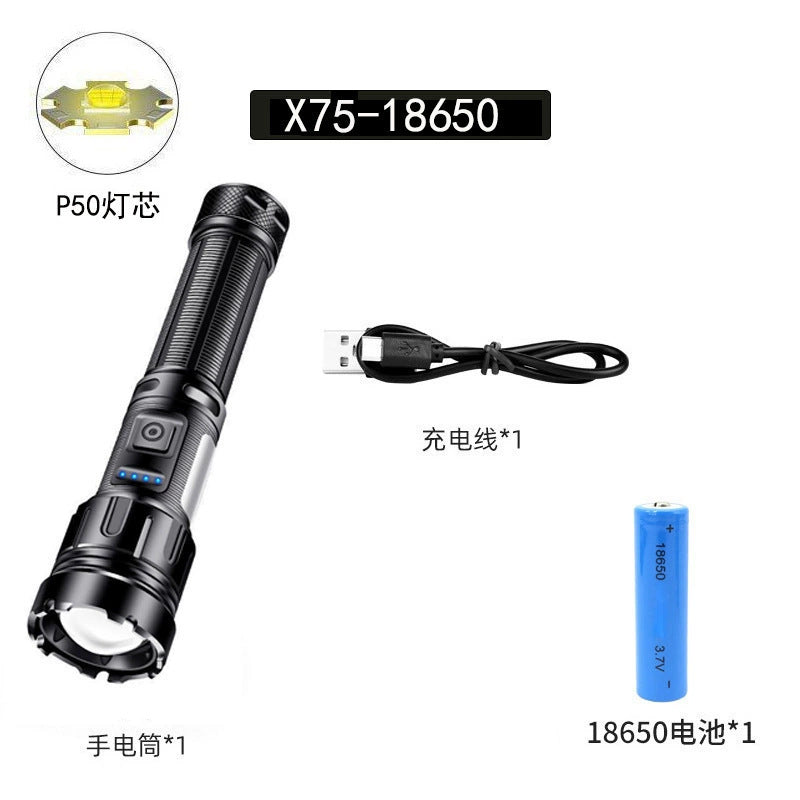 Cross-border P70 strong light flashlight outdoor waterproof USB charging retractable zoom high power LED flashlight