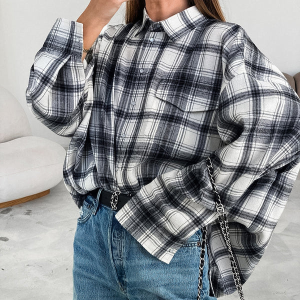 American classic black and white plaid shirt 2024 new autumn loose oversize stacked sunscreen women's shirt
