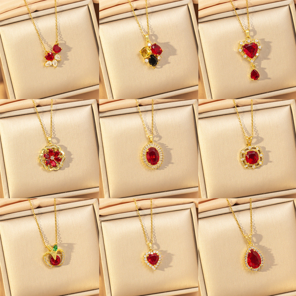 【titanium steel】copper inlaid zircon light luxury new style ruby necklace women's high-end fashion versatile elegant sweater chain jewelry
