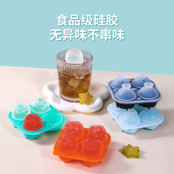 Food grade silicone integrated 4 rose ice grid small size silicone ice whiskey Ice Hockey silicone mold