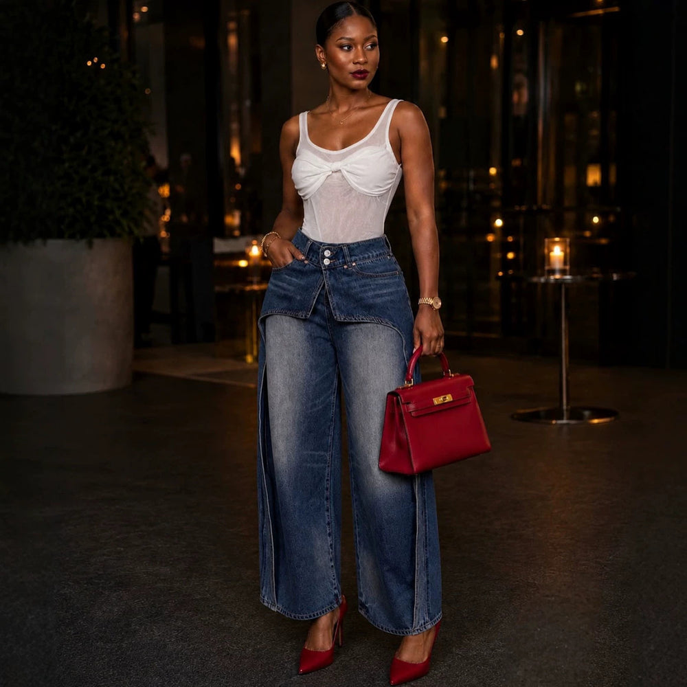European and american style women's casual denim faux two-piece skirt pants - new  cross-border women's clothing - washed vintage straight-leg pants