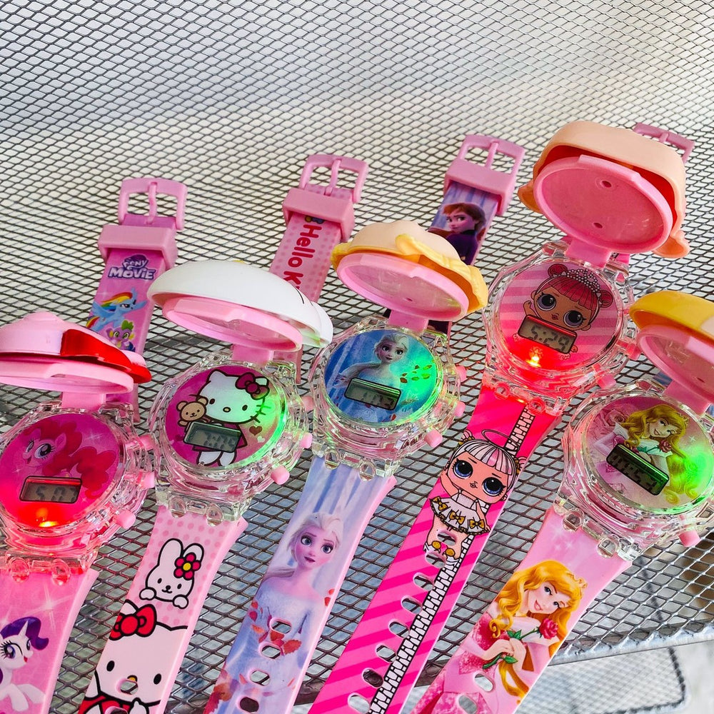 Superhero watch cartoon luminous flip cover elsa princess kuromi electronic birthday gift boy toy watch
