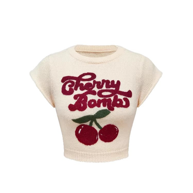 cherry knit crewneck sweater top - pullover, relaxed fit, oversized style