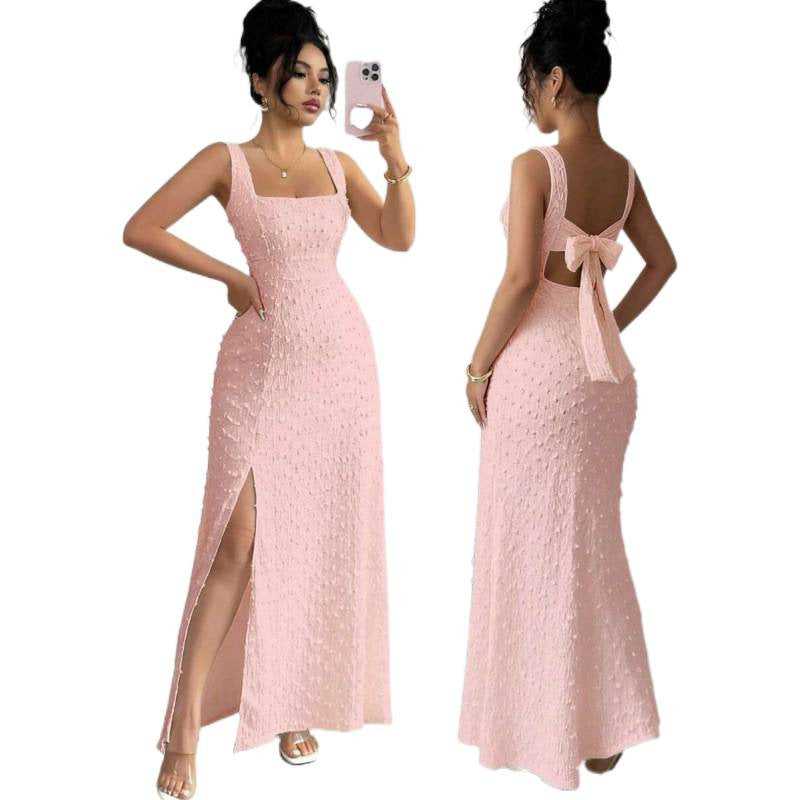 Amazon fashion  summer new arrival square neck sleeveless back bow tie strap sense dress