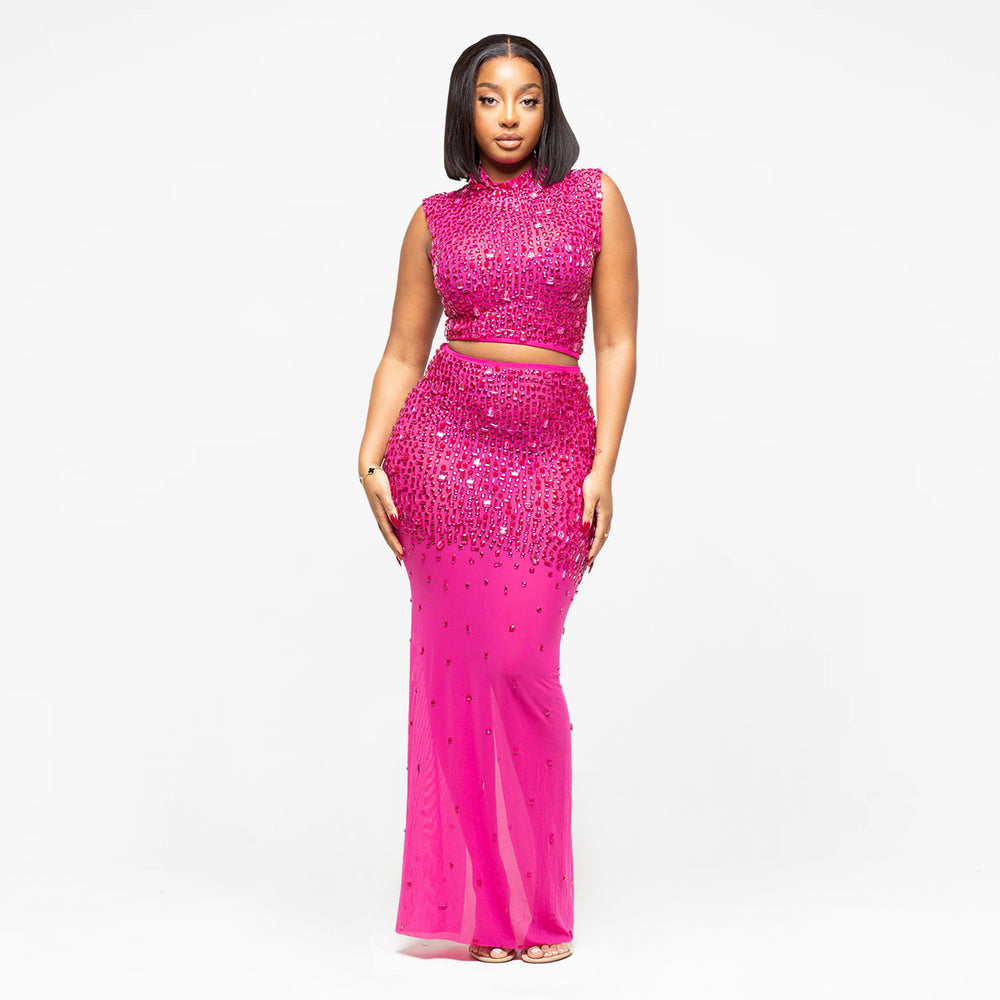 C7580 cross-border   fashionable women's hot-selling rhinestone mesh sleeveless two-piece dress set