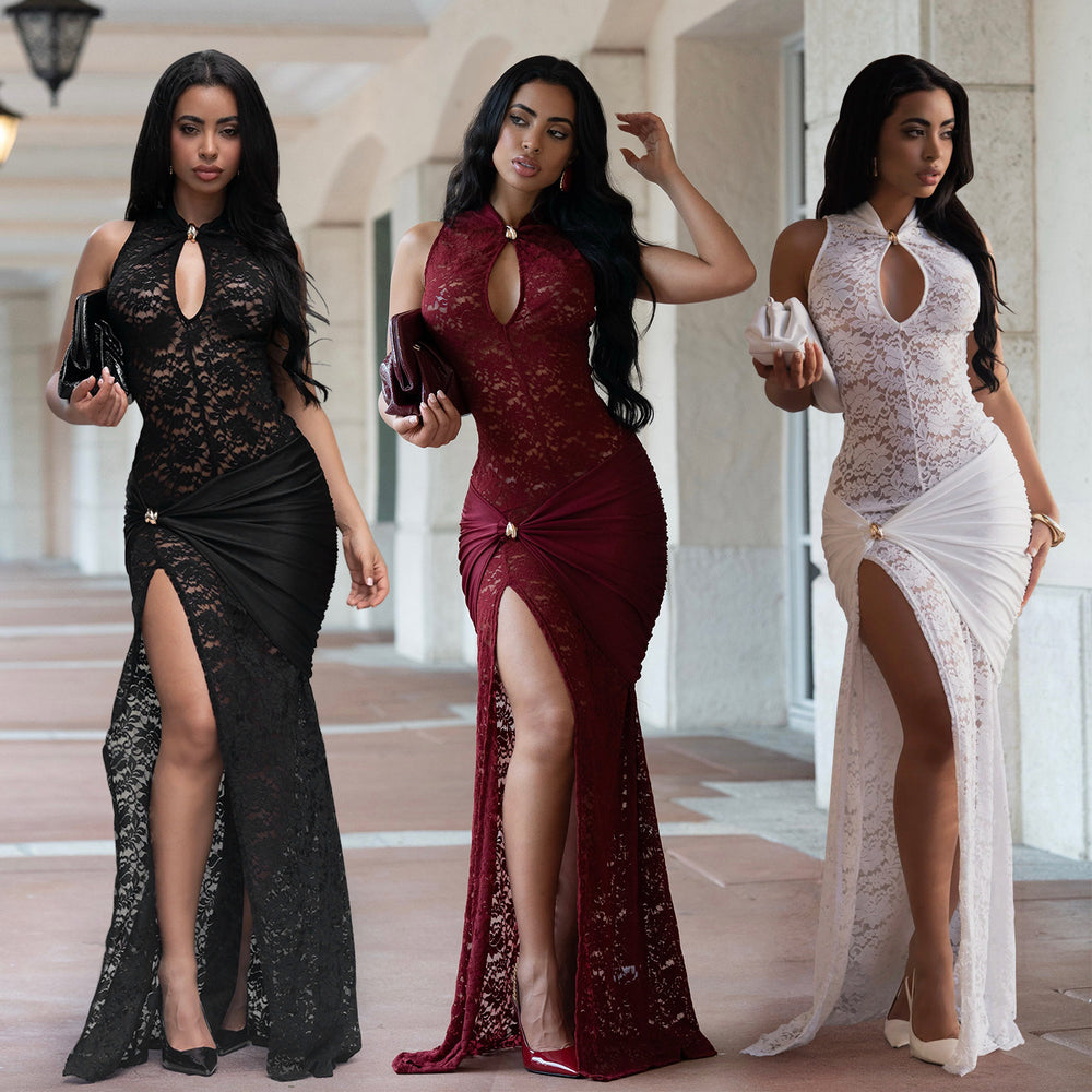 C7641 cross-border   fashion women's sexy lace hollow-out slit bodycon dress