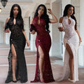 C7641 cross-border   fashion women's sexy lace hollow-out slit bodycon dress