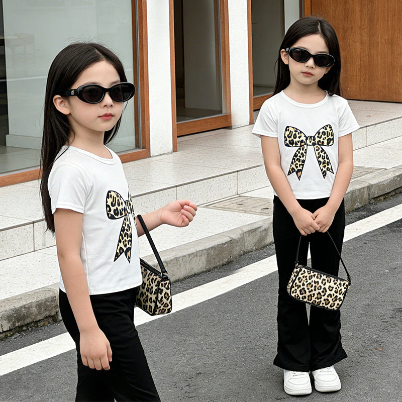 new girls' t-shirt and pants two-piece set - kids' fashion korean style children's clothing trendy bow detail