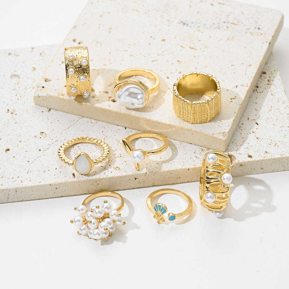 Women's pearl ring set - european & american fashion, geometric, unique design, baroque floral & teardrop rings - wholesale