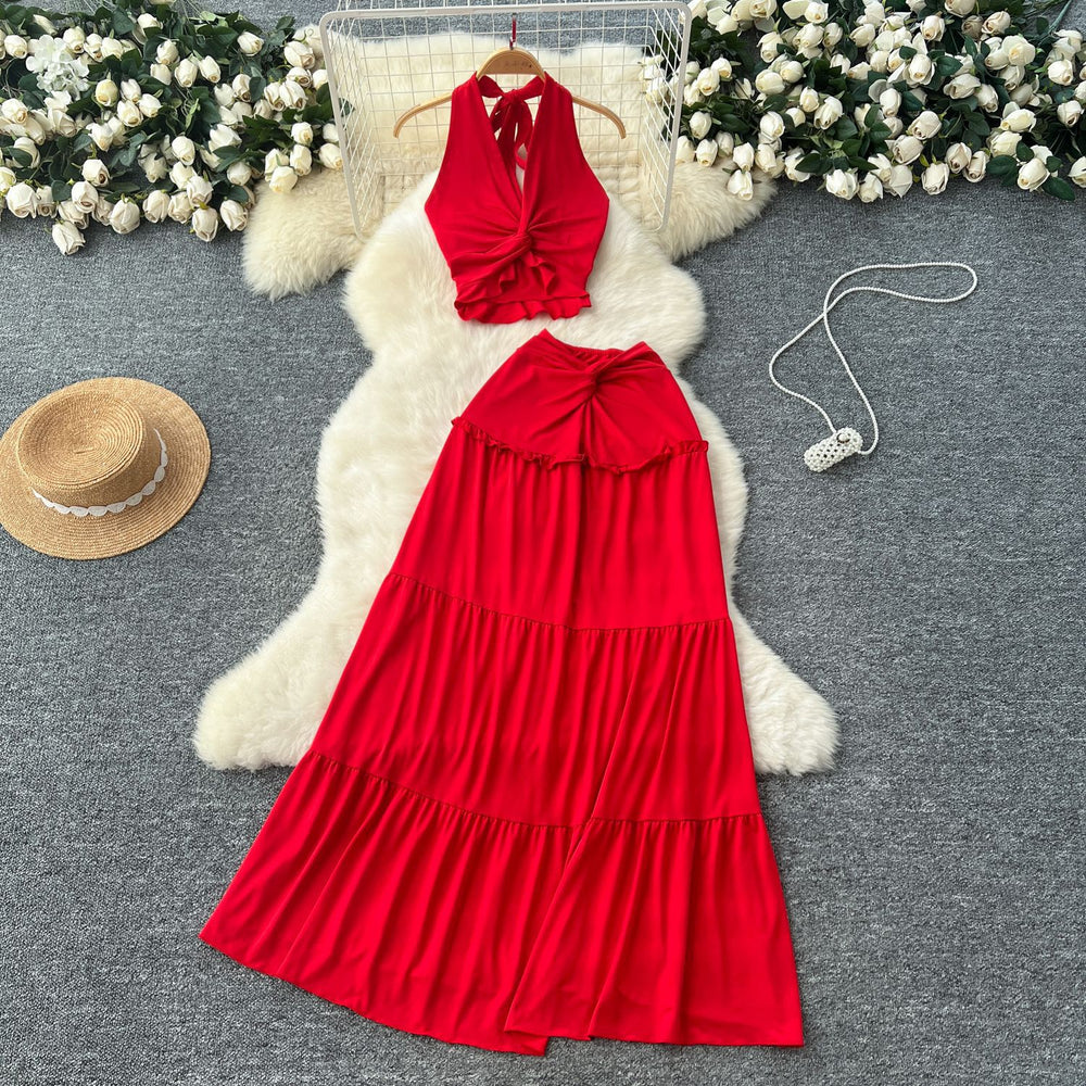Summer outfit set: women's sexy v-neck halter twist knot waist tie back top + high-waisted flared midi skirt