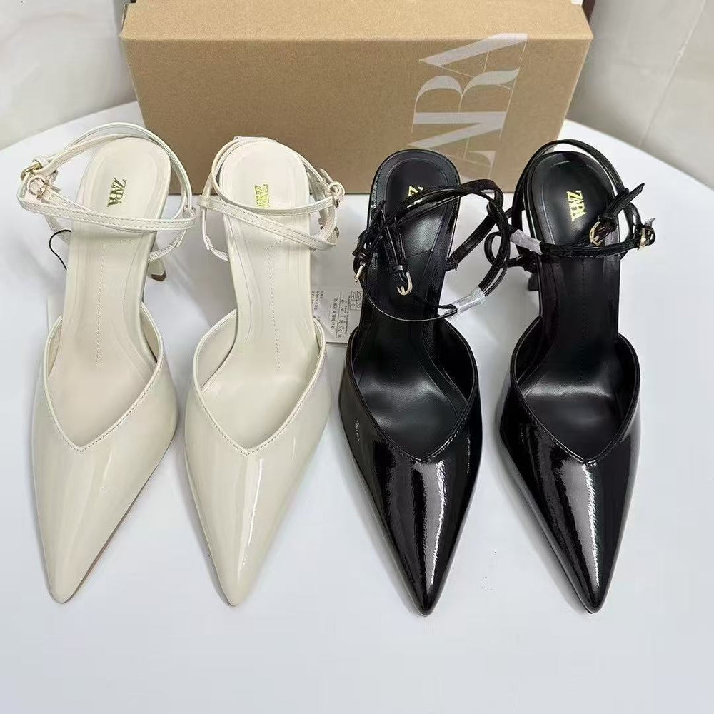Za2025spring new product patent leather effect strap pointed toe high heel open heel stiletto mule shoes toe cap back hollow sandals