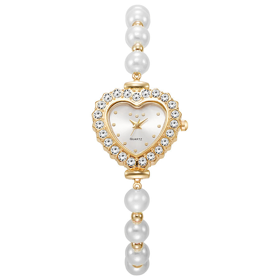 New arrivalfashionelegant small rhinestone women's watch heart diamond-encrusted preppy style small dial pearl bracelet watch
