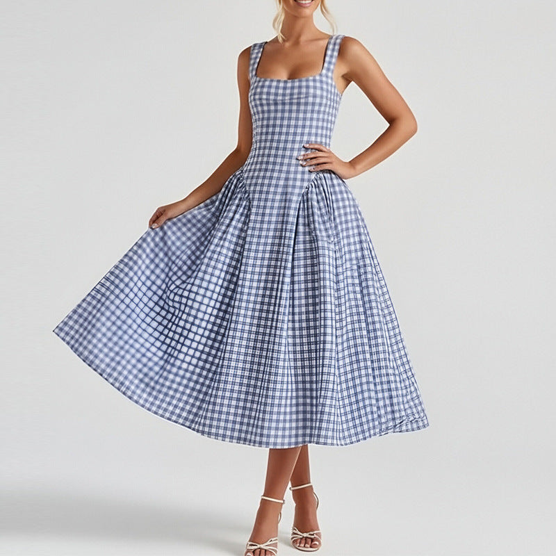 summer new women's clothing: cross-border export, european and american style, fashionable and elegant plaid square neck camisole waist-defining dress