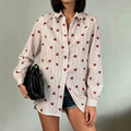 casual heart stripe shirt - vertical stripe red heart print, turn-down collar, puff sleeves, everyday versatile long sleeve