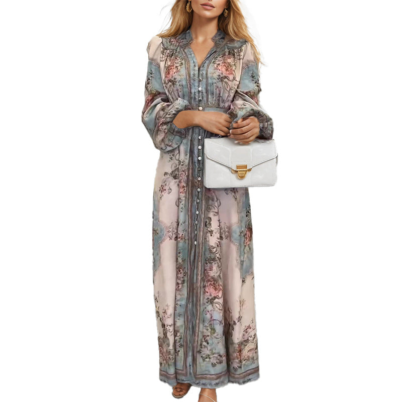 summer new women's clothing cross-border  fashion retro palace v-neck long sleeve printed swing dress