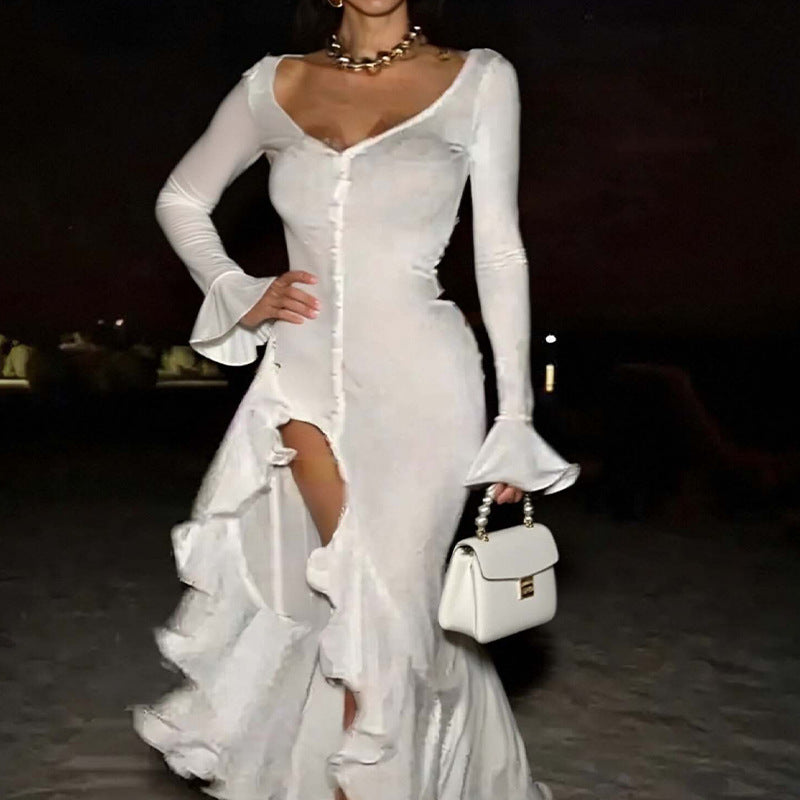 fashionexportnew arrival inssexypure color waist bell sleeve dress single breasted side slit long