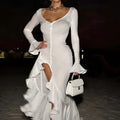 fashionexportnew arrival inssexypure color waist bell sleeve dress single breasted side slit long