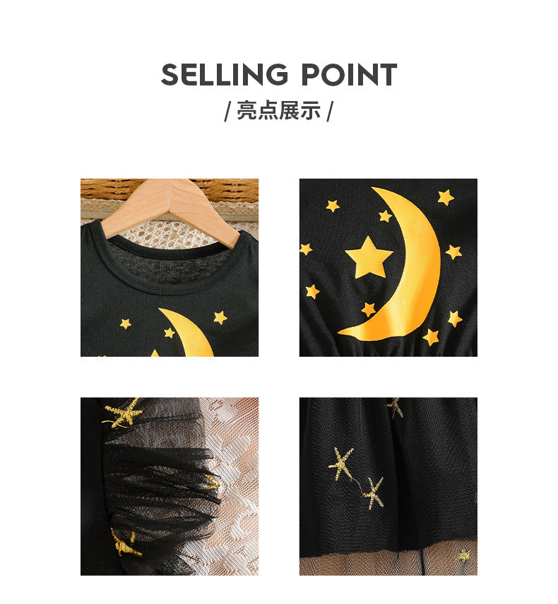 Girls' export mesh dress - black flutter sleeve star print round neck sleeveless princess tutu dress