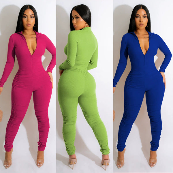 YD1167-D4 European and American women's clothing,  new models, fashionable solid color threaded V-neck jumpsuit,  women's clothing