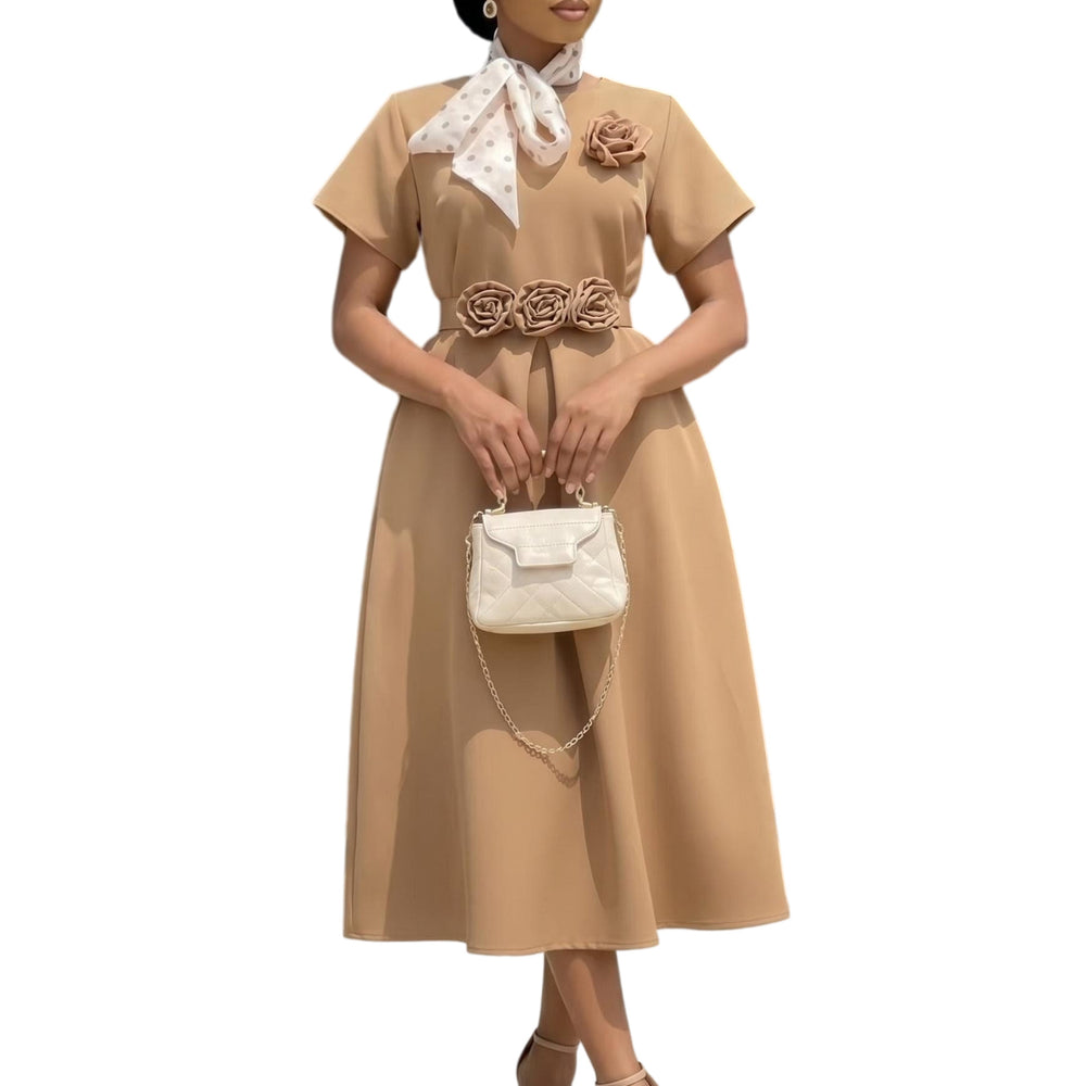 D627 women's foreign trade  summer new round neck short sleeve 3d floral large skirt elegant african dress