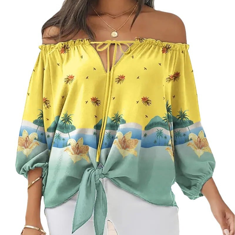 cross-border e-commerce hot-selling women's off-the-shoulder printed top: perfect for , , and european & american independent stores