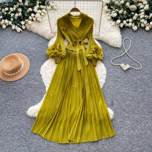 K-style lantern sleeve polka dot dress women's waist tie backpleated long skirt work clothingelegantslimming lookniche stylefashion skirt
