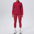 New arrival: solid color fleece-lined stand collar zip-up jacket and pants yoga set - two-piece activewear for running and fitness