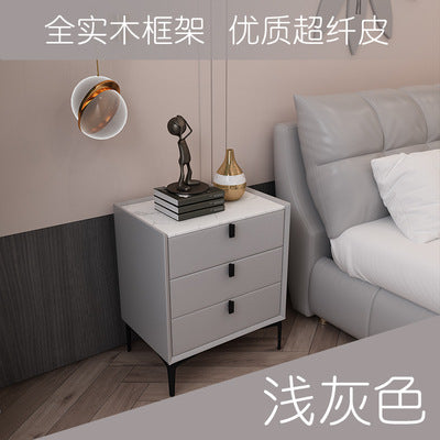 Ready-to-ship, modern, minimalist faux leather bedside table with three drawers, italian-style high-end, popular bedroom solid wood nightstand