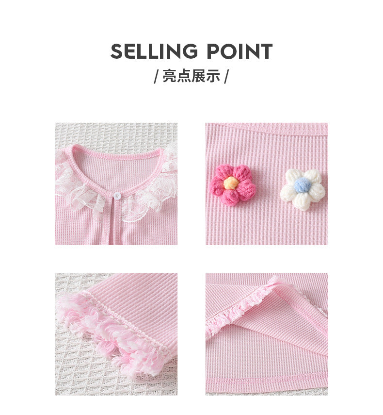 Girls' export dress set: pink suspender dress with long-sleeved floral patchwork outerwear - autumn two-piece outfit for children