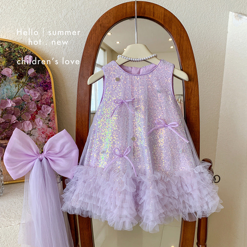 Princess dress  new girls' dress summer chic girls' skirt little girl's stunning sequin mesh dress