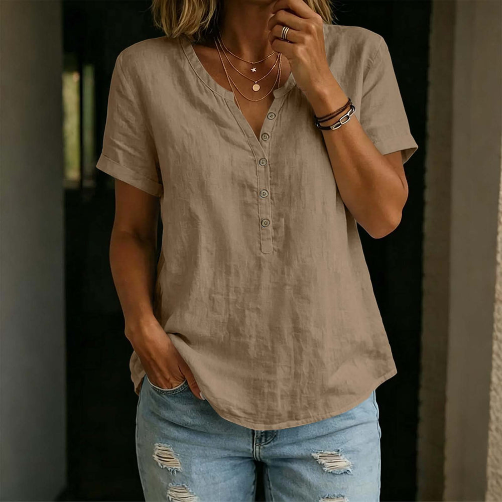 cross-border fashion  women's casual solid color cotton linen short-sleeve half-open v-neck button-down top