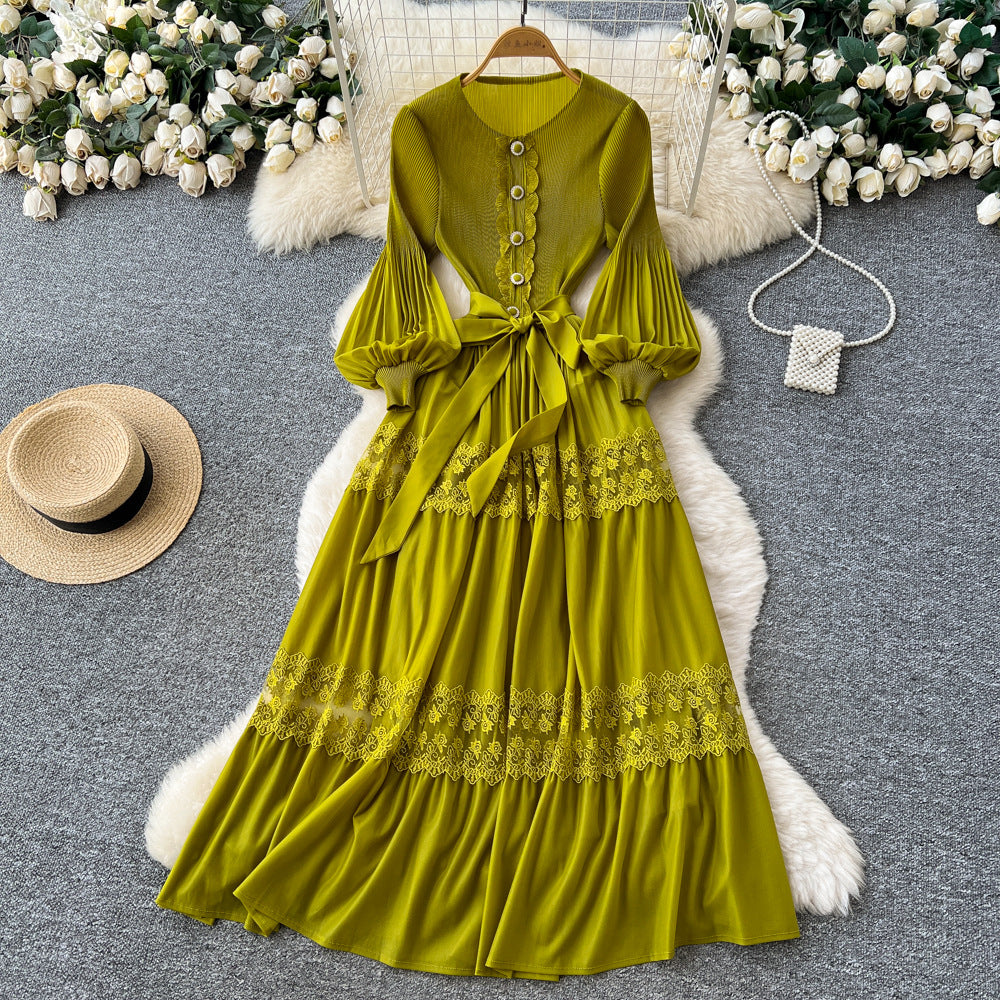 Exportlacepatchworkcut out pleated dress women's long sleeveshigh waista-line skirt large swing high elasticity long skirt