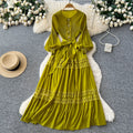 Exportlacepatchworkcut out pleated dress women's long sleeveshigh waista-line skirt large swing high elasticity long skirt
