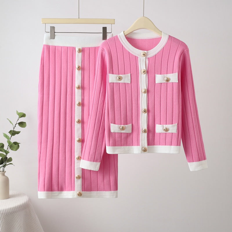 Xiaoxiangfeng round neck metal buckle knitting shirt for women new arrivalsweater tight hip skirt fall and wintertwo-piece set