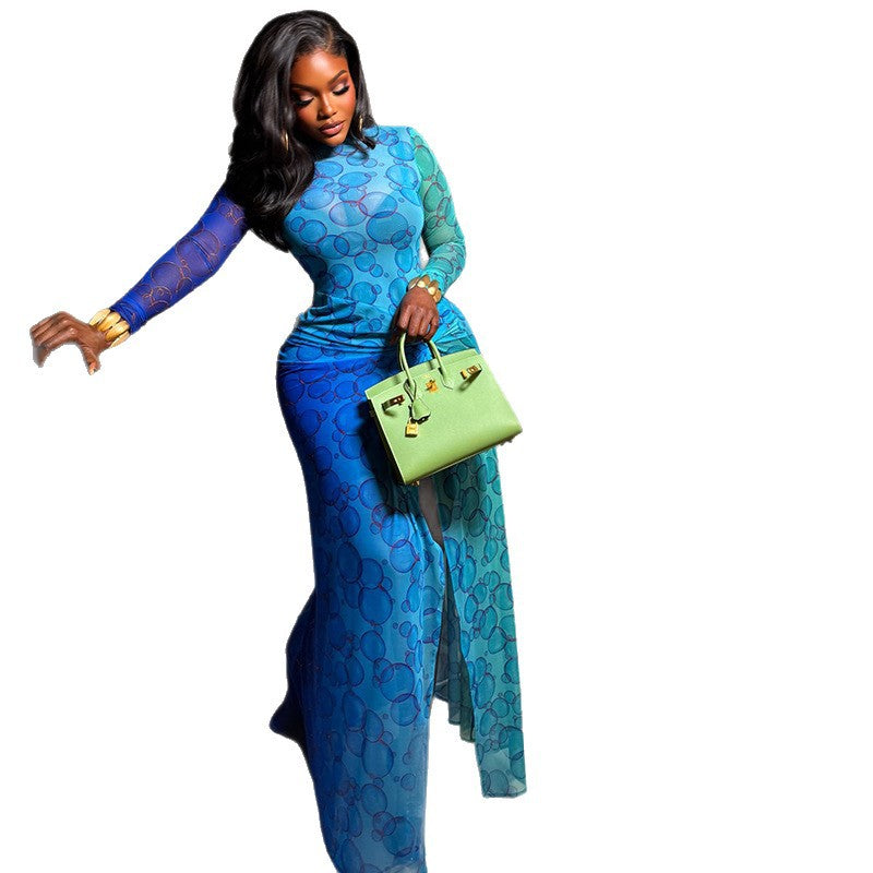 Fashion style cross-border women's clothing waist-cinching socialite slimming lookelegant hip skirt round neck printinglong sleeves slit dress trendy