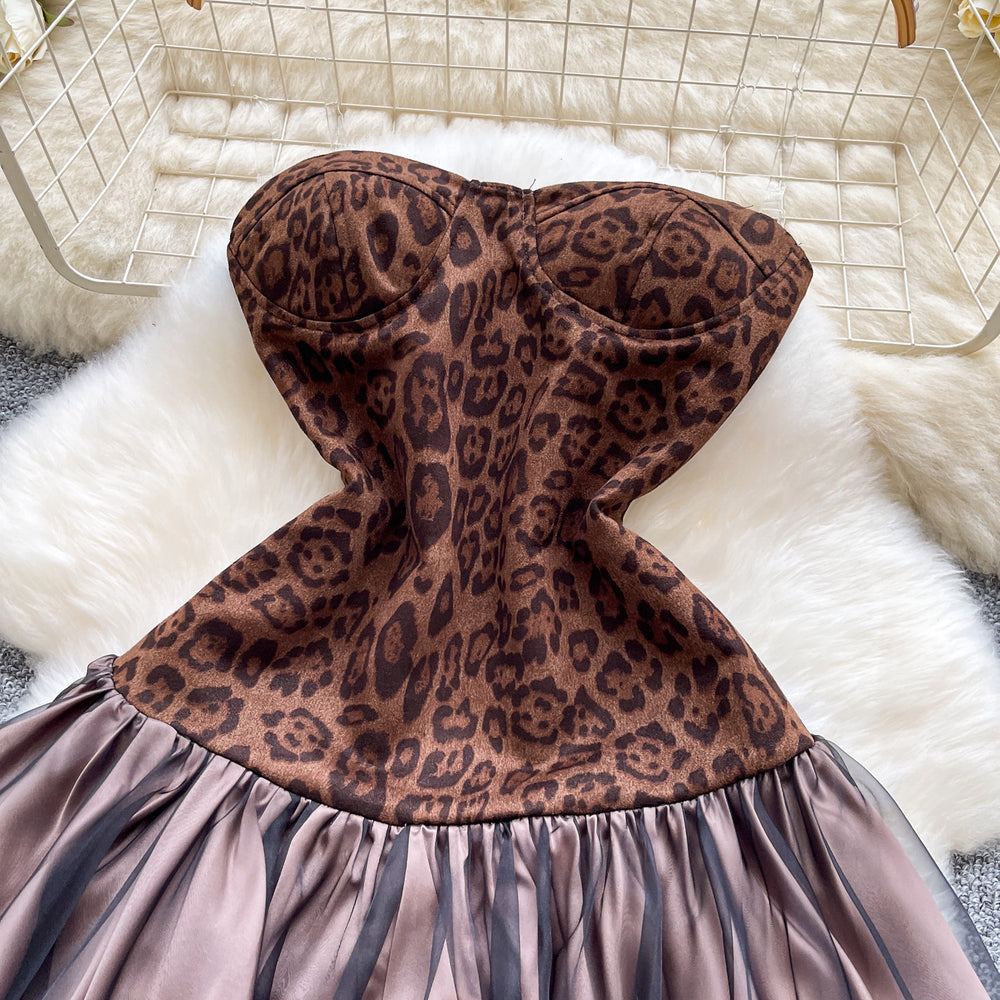 Pure desire sexy sleeveless leopard print patchwork waist mesh puffy dress women's autumhot girltube top skirt