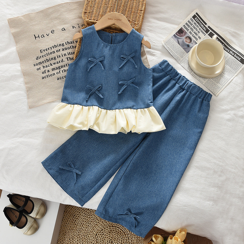 summer new girls' denim-style outfit: bowknot patchwork tank top and pants two-piece set - european & american style, cross-border fashion